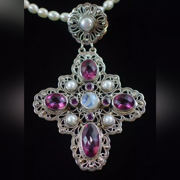 Nicky Butler Sterling Silver Pink Quartz Rhodolite Cross Pendant Pearl Necklace - Picture 14 of 16